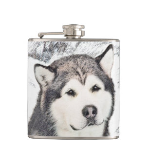 Alaskan Malamute Painting - Cute Original Dog Art Hip Flask