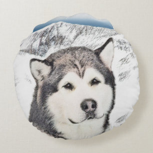 Alaskan Malamute Painting - Cute Original Dog Art Round Cushion
