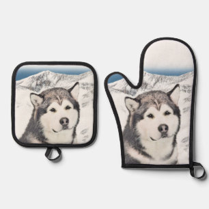 Alaskan Malamute Painting Mal Mally Sled Dog Art Oven Mitt & Pot Holder Set