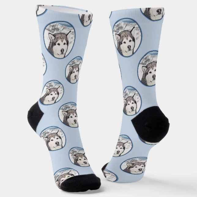 Alaskan Malamute Painting Mal Mally Sled Dog Art Socks (Angled)
