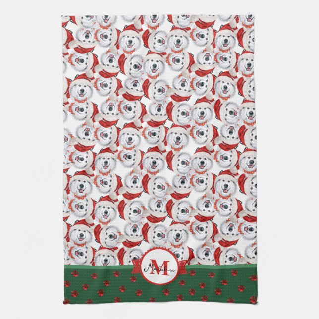 Alaskan Malamute Pattern Monogram Christmas Dog Tea Towel (Vertical)