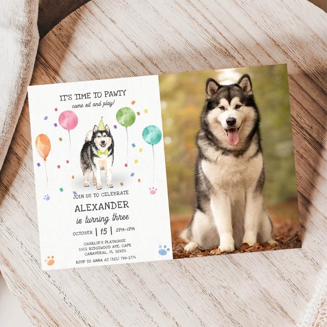 Alaskan Malamute Pawty Puppy Birthday Pink Photo Invitation (Creator Uploaded)