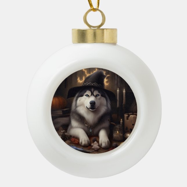 Alaskan Malamute Pumpkins Halloween Scary Ceramic Ball Christmas Ornament (Front)