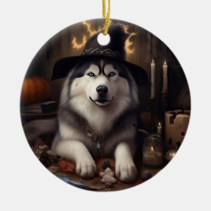 Alaskan Malamute Pumpkins Halloween Scary Ceramic Ornament