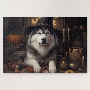 Alaskan Malamute Pumpkins Halloween Scary Jigsaw Puzzle