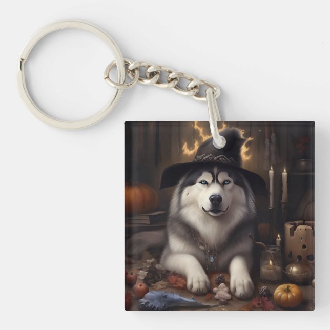 Alaskan Malamute Pumpkins Halloween Scary Key Ring (Front)