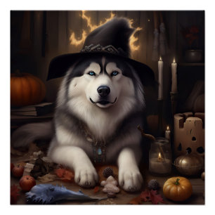Alaskan Malamute Pumpkins Halloween Scary Poster
