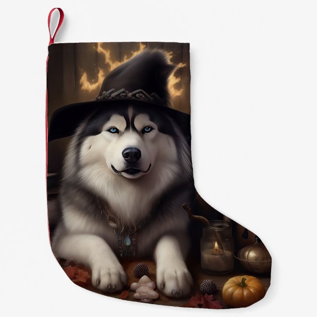 Alaskan Malamute Pumpkins Halloween Scary Small Christmas Stocking (Front)