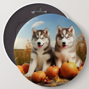 Alaskan Malamute Puppy Autumn Delight Pumpkin 6 Cm Round Badge