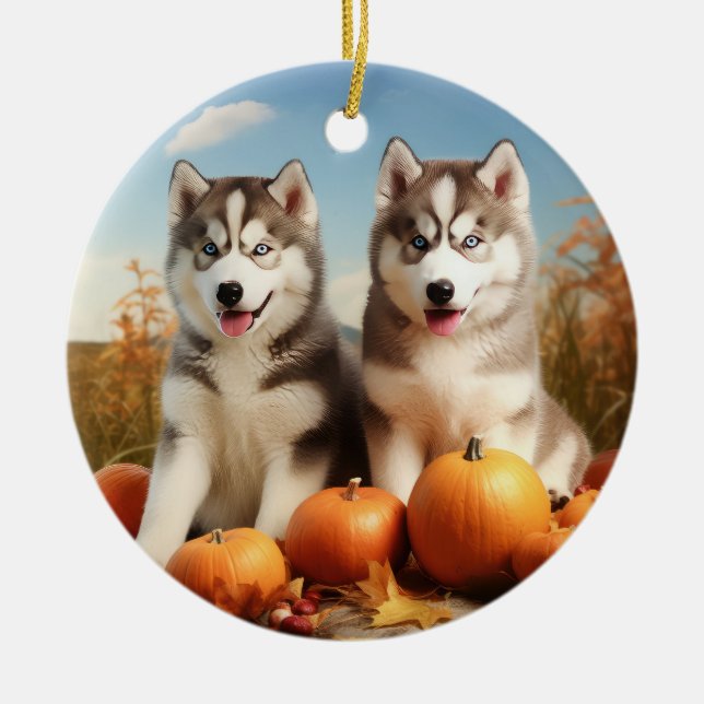 Alaskan Malamute Puppy Autumn Delight Pumpkin Ceramic Ornament (Front)
