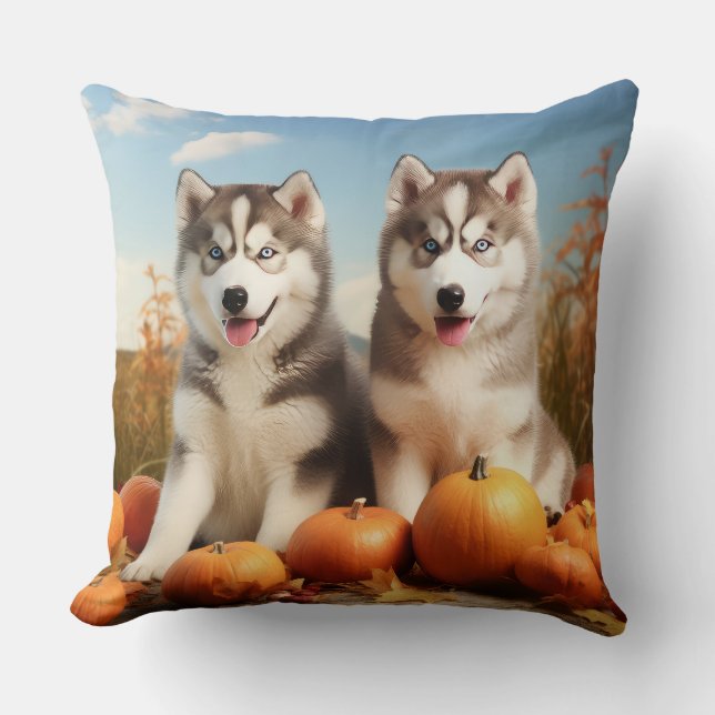 Alaskan Malamute Puppy Autumn Delight Pumpkin Cushion (Front)