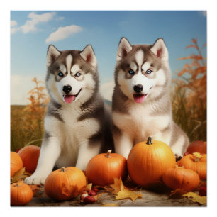Alaskan Malamute Puppy Autumn Delight Pumpkin Poster