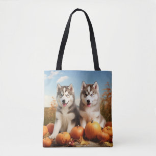 Alaskan Malamute Puppy Autumn Delight Pumpkin Tote Bag
