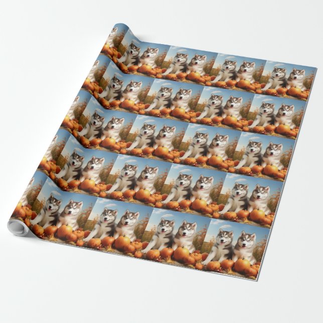 Alaskan Malamute Puppy Autumn Delight Pumpkin Wrapping Paper (Unrolled)