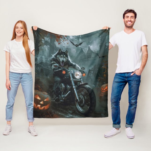 Alaskan Malamute Riding Motorcycle Halloween Scary Fleece Blanket (In Situ)