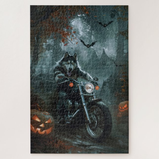 Alaskan Malamute Riding Motorcycle Halloween Scary Jigsaw Puzzle (Vertical)