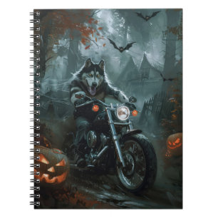 Alaskan Malamute Riding Motorcycle Halloween Scary Notebook