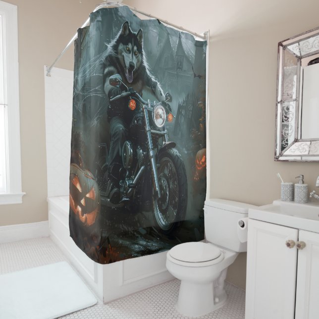 Alaskan Malamute Riding Motorcycle Halloween Scary Shower Curtain (In Situ)