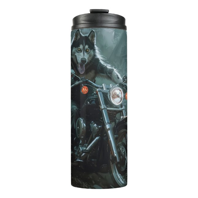 Alaskan Malamute Riding Motorcycle Halloween Scary Thermal Tumbler (Front)