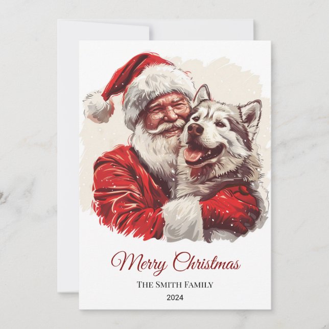 Alaskan Malamute Santa Claus Christmas Holiday Card (Front)