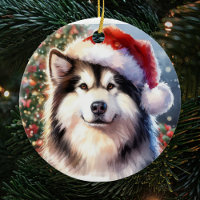 Alaskan Malamute Santa Hat Watercolor Christmas