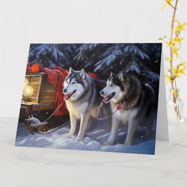 Alaskan Malamute Snowy Sleigh Ride Christmas  Card (Yellow Flower)