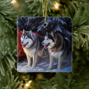 Alaskan Malamute Snowy Sleigh Ride Christmas Ceramic Ornament