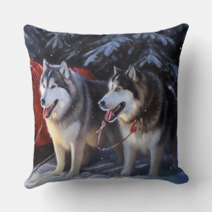 Alaskan Malamute Snowy Sleigh Ride Christmas Cushion