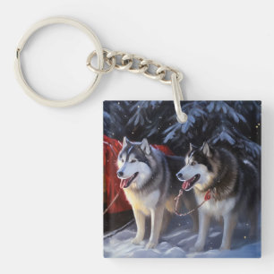 Alaskan Malamute Snowy Sleigh Ride Christmas Key Ring