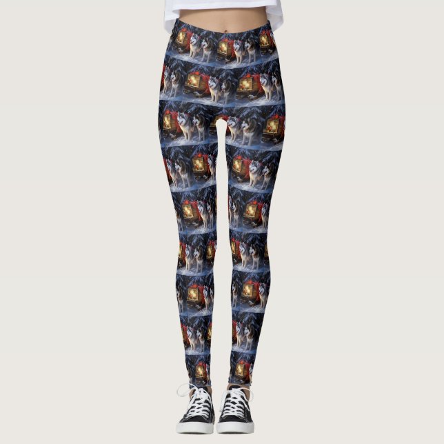Alaskan Malamute Snowy Sleigh Ride Christmas  Leggings (Front)