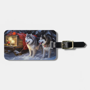 Alaskan Malamute Snowy Sleigh Ride Christmas Luggage Tag