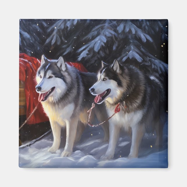Alaskan Malamute Snowy Sleigh Ride Christmas  Magnet (Front)