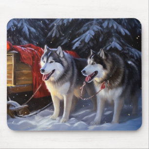 Alaskan Malamute Snowy Sleigh Ride Christmas Mouse Pad