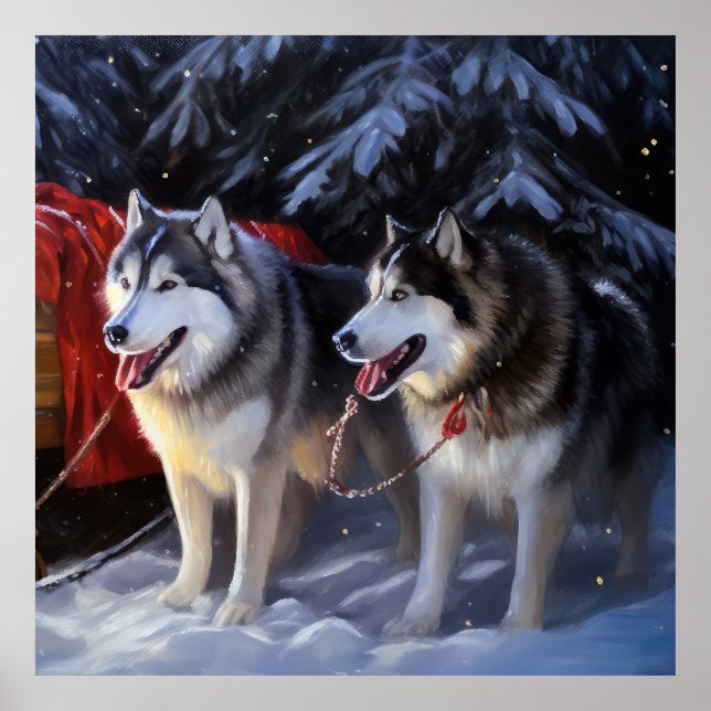 Alaskan Malamute Snowy Sleigh Ride Christmas  Poster (Front)