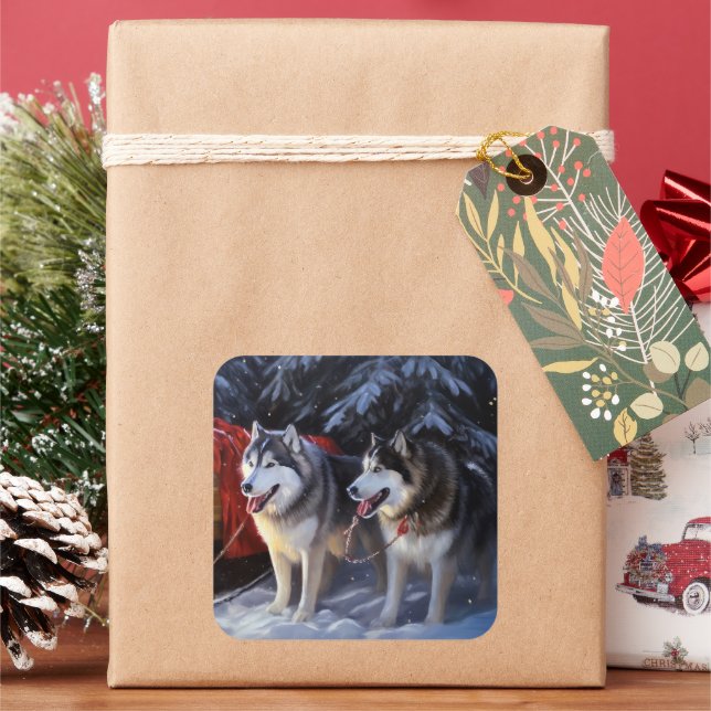 Alaskan Malamute Snowy Sleigh Ride Christmas  Square Sticker (Holiday)