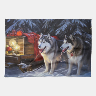 Alaskan Malamute Snowy Sleigh Ride Christmas Tea Towel
