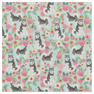 Alaskan Malamute vintage florals light blue Fabric
