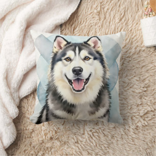 Alaskan Malamute Watercolor Geometric Pet Art Cushion