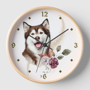 Alaskan Malamute Winter Bouquet Clock