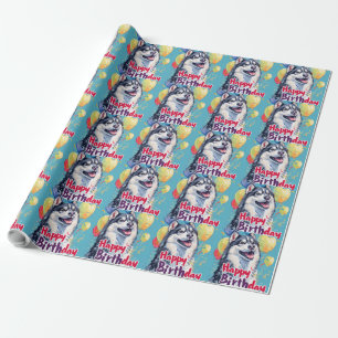 Alaskan Malamute with Balloons Birthday Wrapping Paper