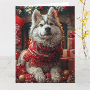 Alaskan Malamute With Christmas Gifts Fireplace Card