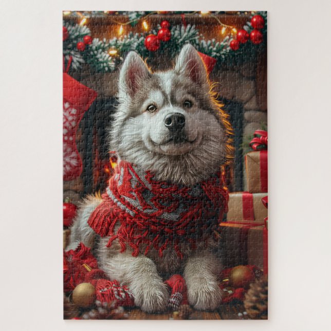 Alaskan Malamute With Christmas Gifts Fireplace Jigsaw Puzzle (Vertical)