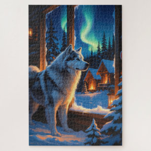 Alaskan Malamute With Christmas Lights Holiday Jigsaw Puzzle