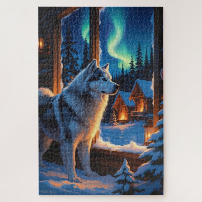 Alaskan Malamute With Christmas Lights Holiday  Jigsaw Puzzle (Vertical)