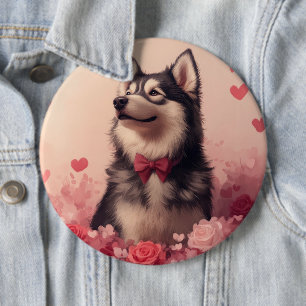 Alaskan Malamute with Roses - Valentine's Day  6 Cm Round Badge