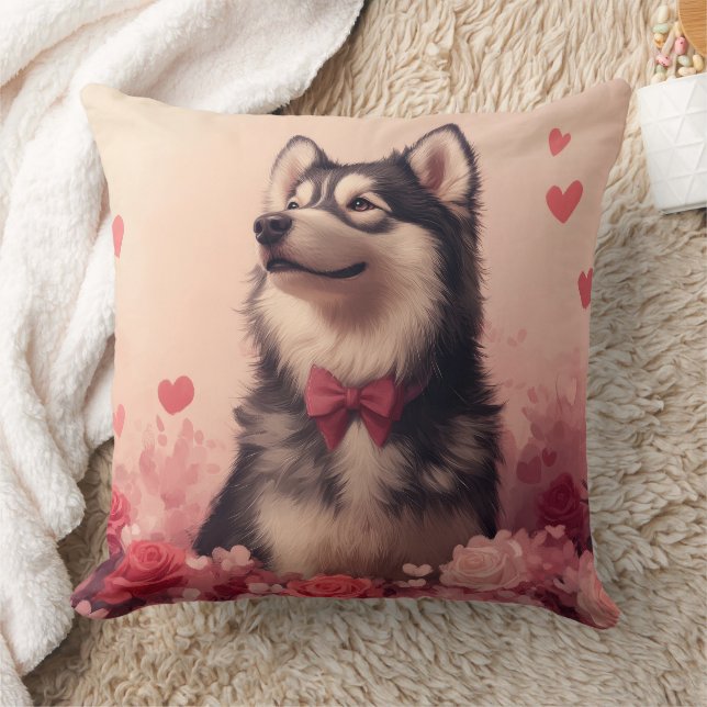 Alaskan Malamute with Roses - Valentine's Day  Cushion (Blanket)