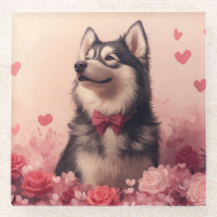 Alaskan Malamute with Roses - Valentine's Day  Glass Coaster
