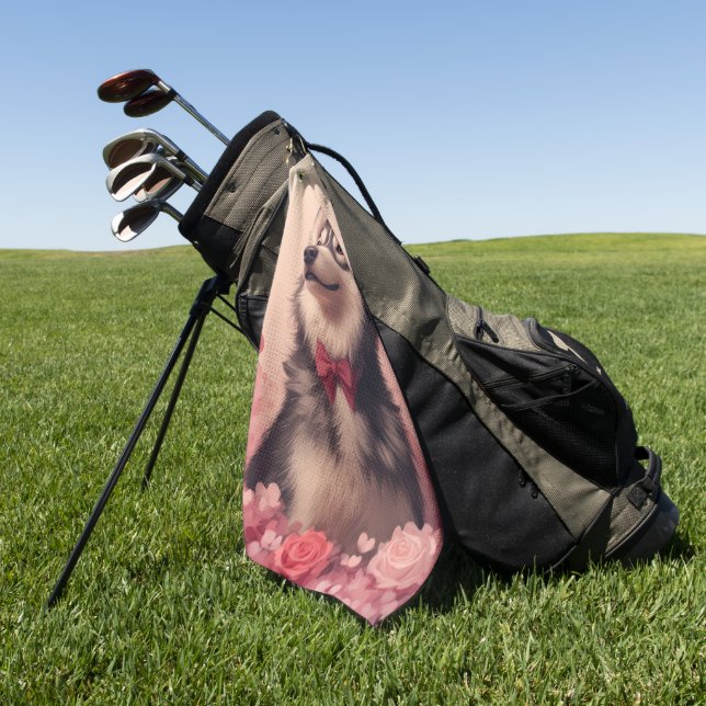 Alaskan Malamute with Roses - Valentine's Day  Golf Towel (Green)