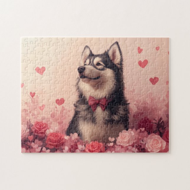 Alaskan Malamute with Roses - Valentine's Day  Jigsaw Puzzle (Horizontal)