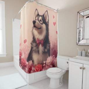 Alaskan Malamute with Roses - Valentine's Day Shower Curtain